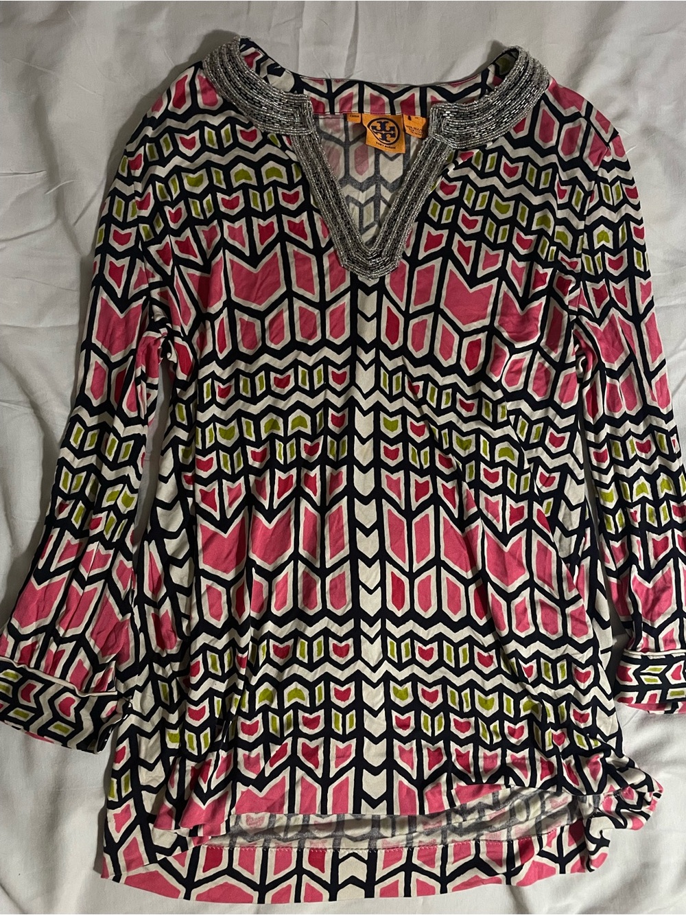Tory Burch Pink and Black Geo-Print V-Neck Tunic with Yellow Accents